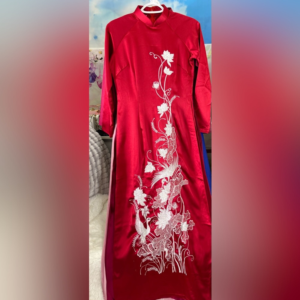 Ao dai lua Valentino, New Vietnamese traditional long dress top 🎁 her m 2 red do